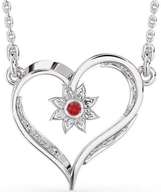 Ruby Silver Heart Sun Necklace