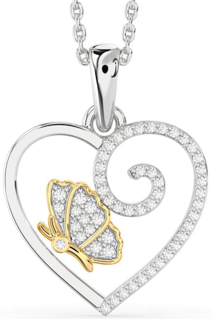 Diamond Silver & 10K gold Heart Butterfly Necklace
