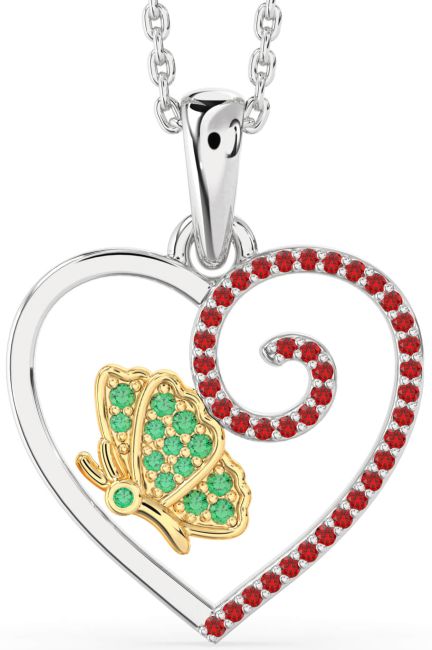 Emerald & Ruby Gold Silver Heart Butterfly Necklace