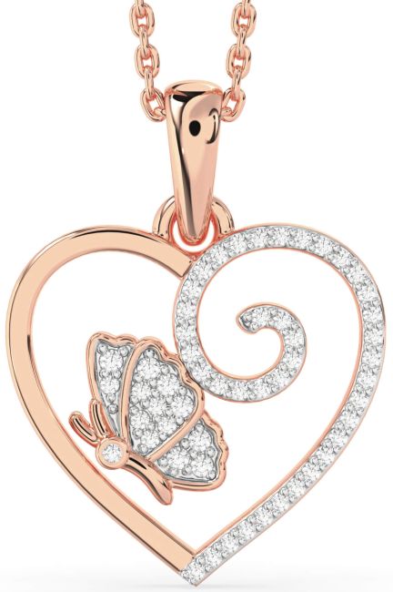 Diamond Rose Gold Silver Heart Butterfly Necklace