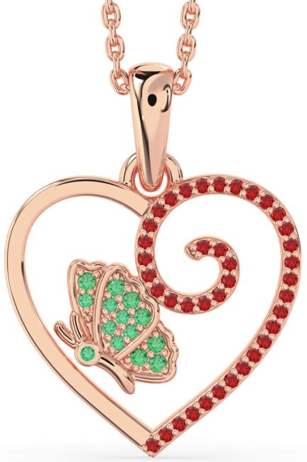 Emerald & Ruby Rose Gold Heart Butterfly Necklace