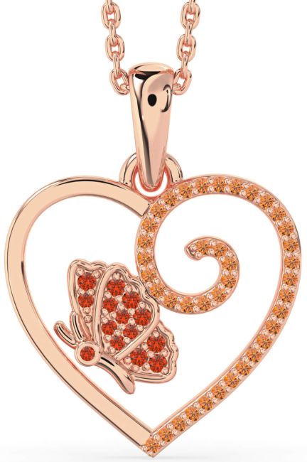 Fire Opal & Citrine Rose Gold Heart Butterfly Necklace