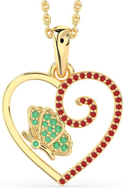 Emerald & Ruby Gold Heart Butterfly Necklace