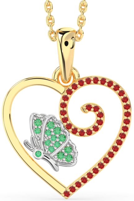 Emerald & Ruby Gold Silver Heart Butterfly Necklace