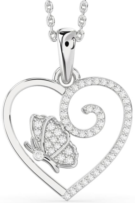 Diamond Silver Heart Butterfly Necklace