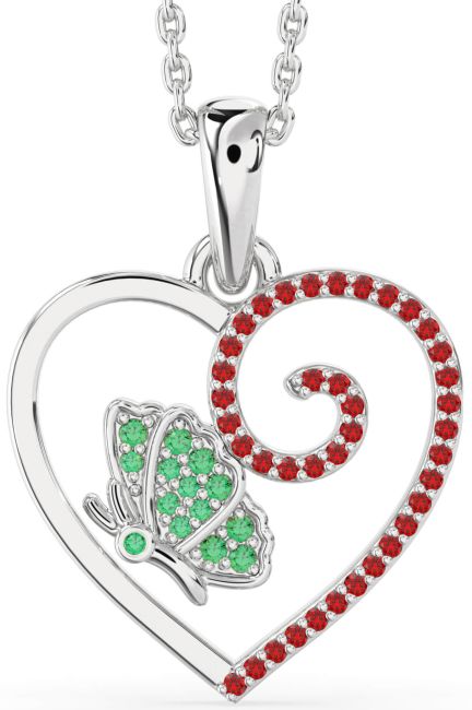 Emerald & Ruby Silver Heart Butterfly Necklace