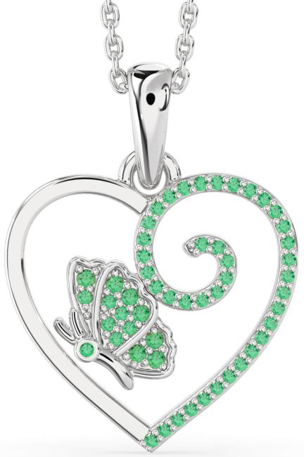 Emerald Silver Heart Butterfly Necklace