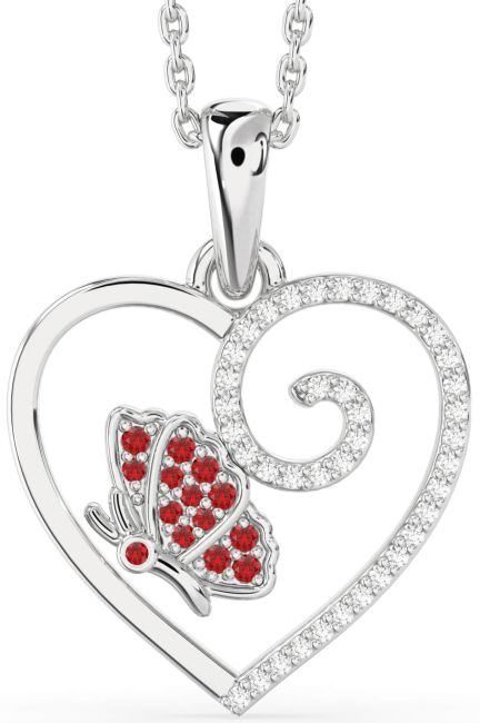 Diamond & Ruby Silver Heart Butterfly Necklace