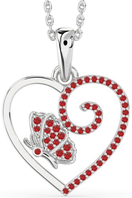 Ruby Silver Heart Butterfly Necklace