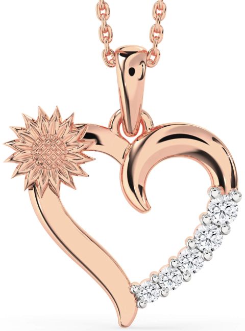 Diamond Rose Gold Silver Heart Sunflower Necklace
