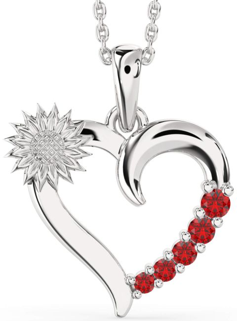 Ruby Silver Heart Sunflower Necklace