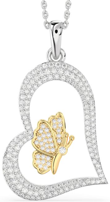 Large Diamond Platinum & Yellow Gold Heart Butterfly Necklace
