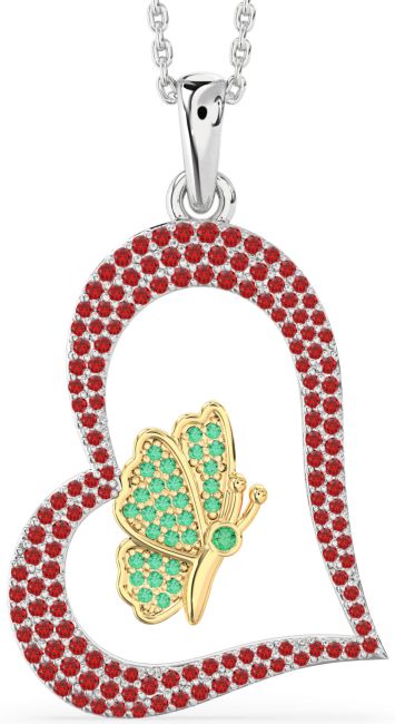 Large Emerald & Ruby Gold Silver Heart Butterfly Necklace
