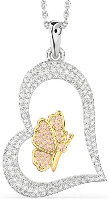 Large Diamond & Morganite Gold Silver Heart Butterfly Necklace