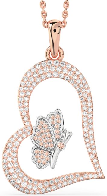 Large Diamond & Morganite Platinum & Rose Gold Heart Butterfly Necklace