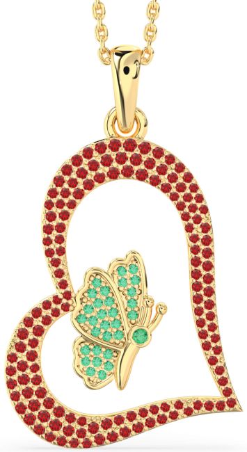 Large Emerald & Ruby Gold Silver Heart Butterfly Necklace