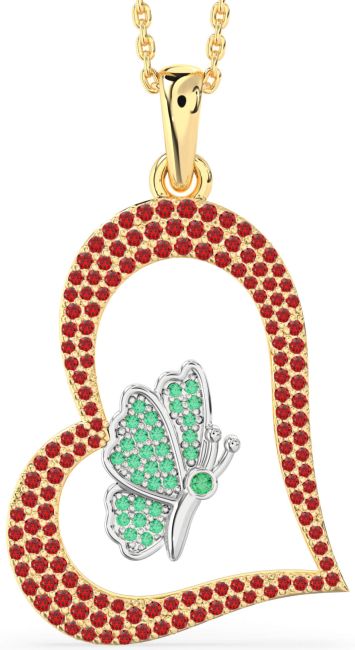 Large Emerald & Ruby Gold Silver Heart Butterfly Necklace