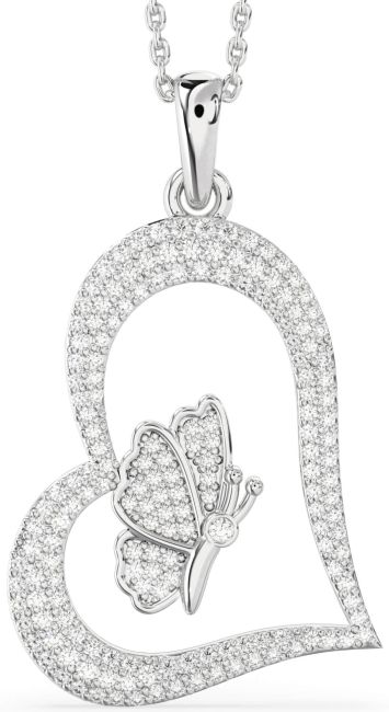 Large Diamond Silver Heart Butterfly Necklace