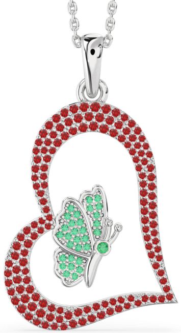 Large Emerald & Ruby Silver Heart Butterfly Necklace