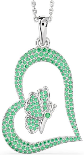 Large Emerald Silver Heart Butterfly Necklace