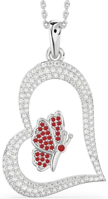 Large Diamond & Ruby Silver Heart Butterfly Necklace