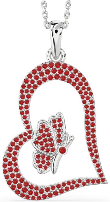 Large Ruby Silver Heart Butterfly Necklace