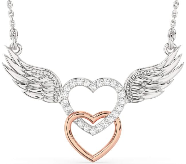 Large Diamond White Rose Gold Heart Wings Necklace