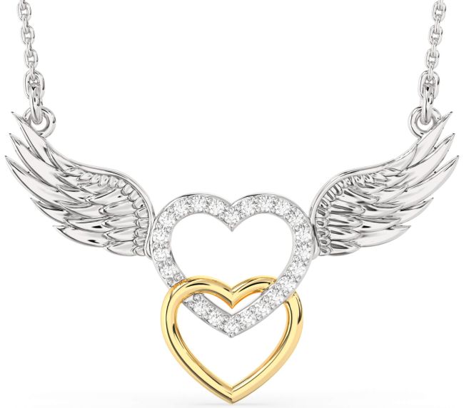 Large Diamond Silver & 10K gold Heart Wings Necklace