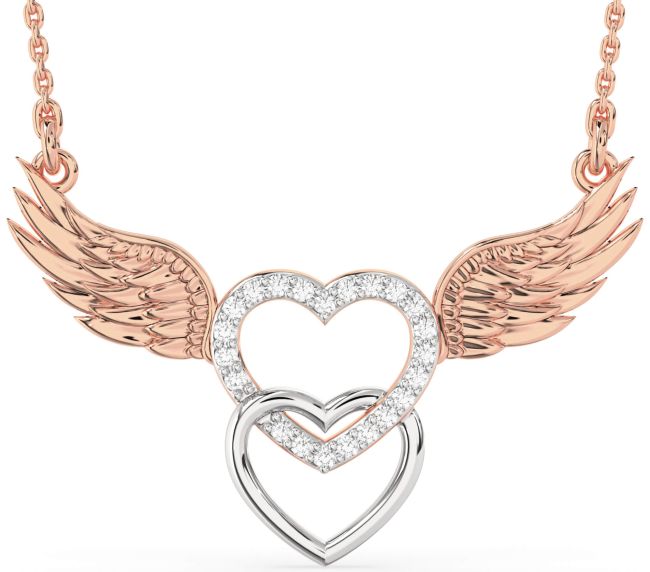 Large Diamond White Rose Gold Heart Wings Necklace