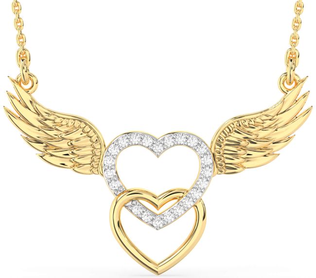 Large Diamond Gold Heart Wings Necklace