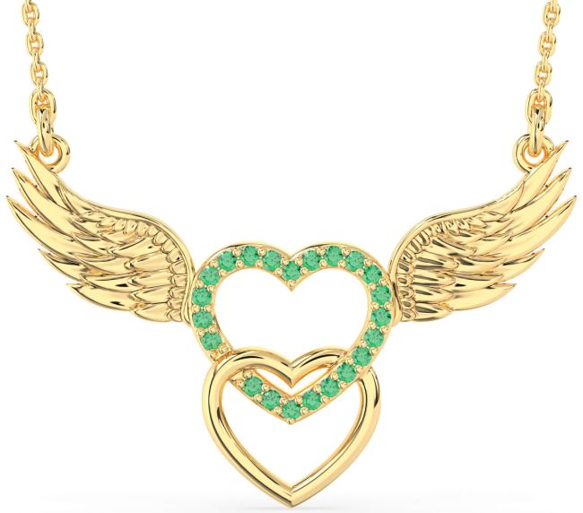 Large Emerald Gold Heart Wings Necklace