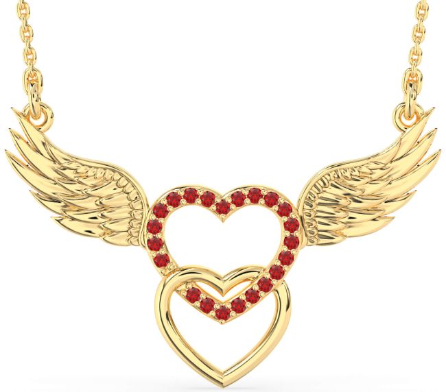 Large Ruby Gold Heart Wings Necklace