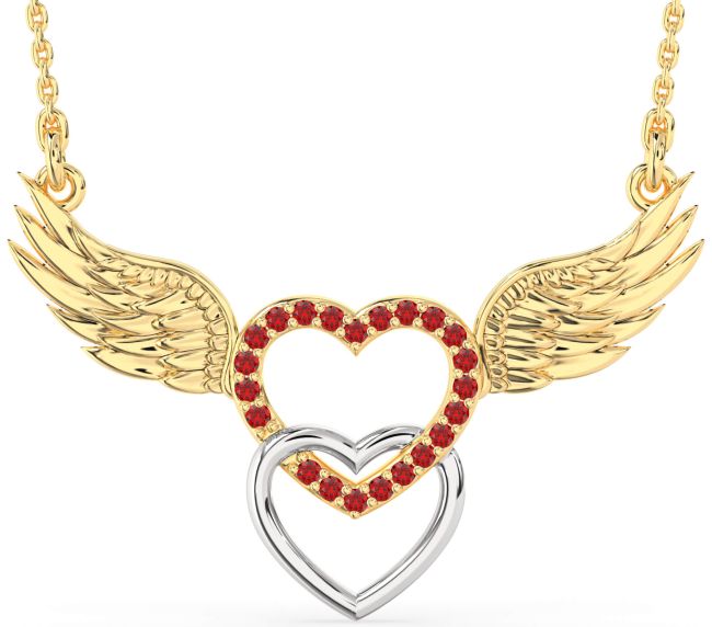 Large Ruby Gold Silver Heart Wings Necklace