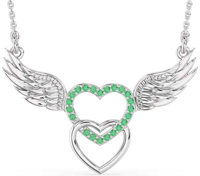 Large Emerald Silver Heart Wings Necklace