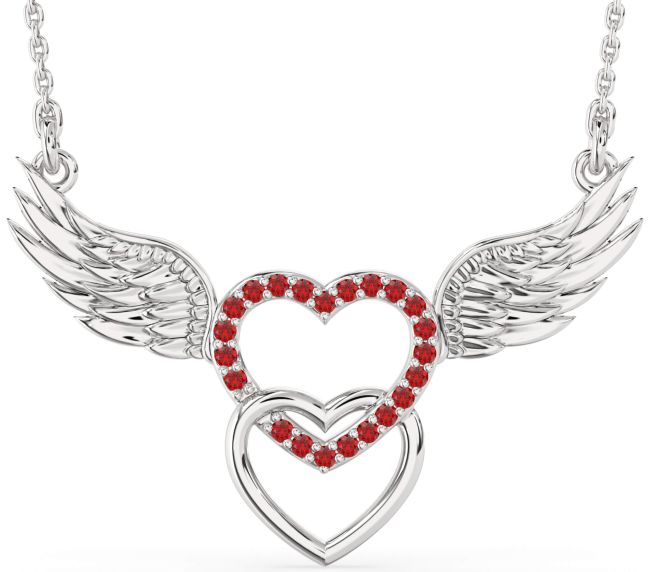 Large Ruby Silver Heart Wings Necklace