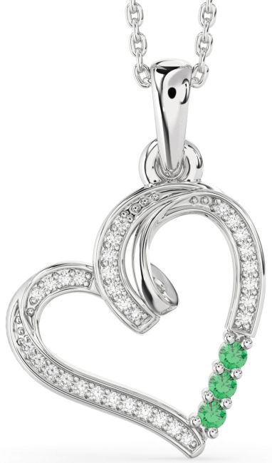 Diamond Emerald Silver Heart Necklace