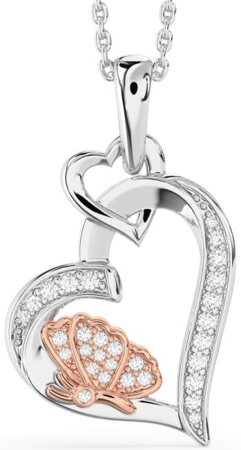 Diamond White Rose Gold Heart Butterfly Interlock Necklace