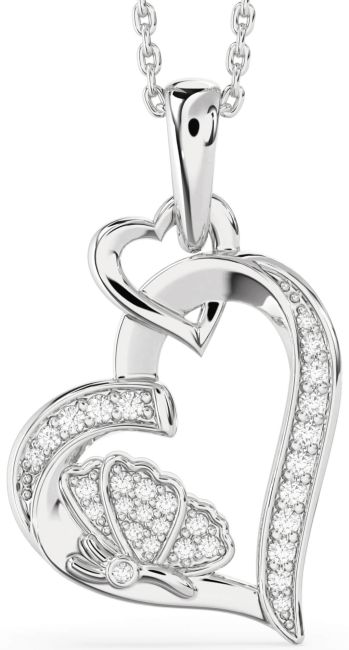 Diamond Silver Heart Butterfly Interlock Necklace