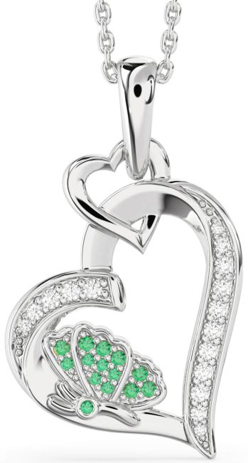 Diamond Emerald Silver Heart Butterfly Interlock Necklace