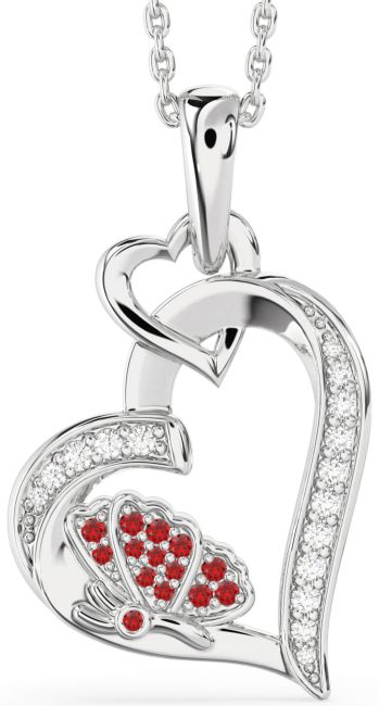 Diamond Ruby Silver Heart Butterfly Interlock Necklace
