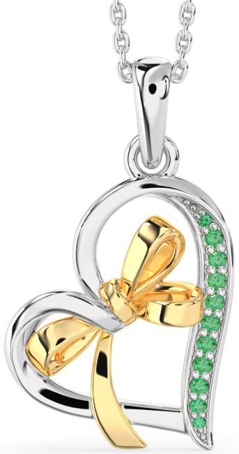Emerald Gold Silver Heart Bow Necklace