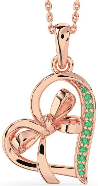 Emerald Rose Gold Heart Bow Necklace