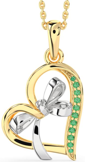 Emerald Gold Silver Heart Bow Necklace