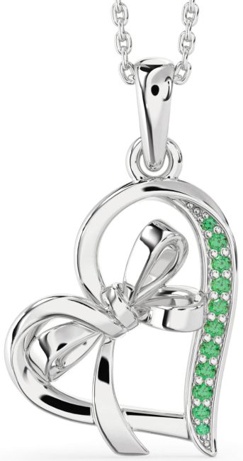 Emerald Silver Heart Bow Necklace