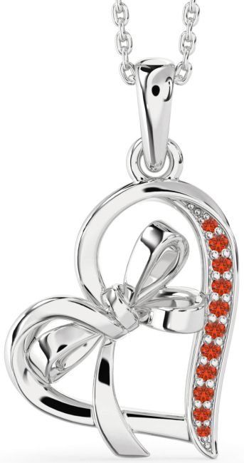 Fire Opal Silver Heart Bow Necklace