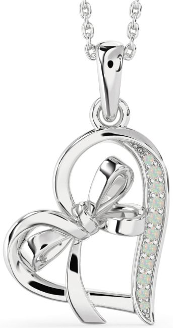 Opal Silver Heart Bow Necklace
