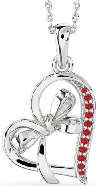 Ruby Silver Heart Bow Necklace