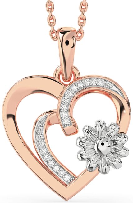 Diamond Rose Gold Silver Heart Flower Necklace