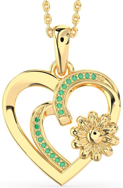 Emerald Gold Silver Heart Flower Necklace