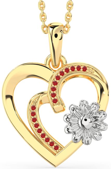 Ruby Gold Silver Heart Flower Necklace